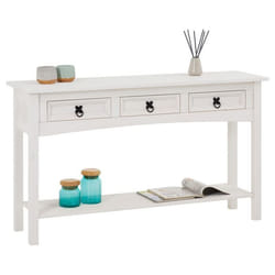 Table console RURAL table dappoint en pin massif blanc avec 3 tiroirs et 1 étagère meuble dentrée en bois style rustique