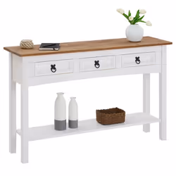 Table console CAMPO table dappoint en pin massif blanc et brun avec 3 tiroirs et 1 étagère meuble dentrée en bois