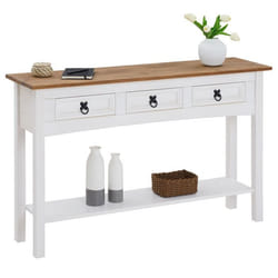 Table console CAMPO table dappoint en pin massif blanc et brun avec 3 tiroirs et 1 étagère meuble dentrée en bois