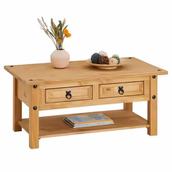 Table basse de salon SALSA rectangulaire en bois style mexicain avec 2 tiroirs en pin massif finition teintée/cirée