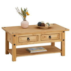 Table basse de salon SALSA rectangulaire en bois style mexicain avec 2 tiroirs en pin massif finition teintée/cirée