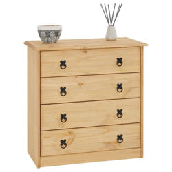 Commode en pin BARRIO 4 grands tiroirs buffet bahut vaisselier en bois style mexicain finition teintée et cirée