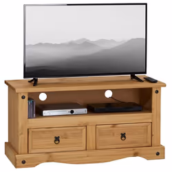 Meuble TV SALSA banc télévision de 108 cm en bois style mexicain avec 2 tiroirs et 1 niche en pin massif finition teintée/cir ...