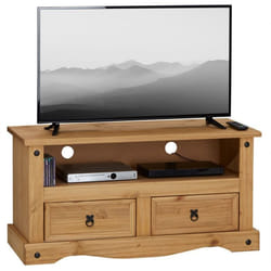 Meuble TV SALSA banc télévision de 108 cm en bois style mexicain avec 2 tiroirs et 1 niche en pin massif finition teintée/cirée