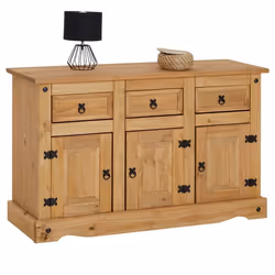 Buffet SALSA commode bahut vaisselier en bois style mexicain avec 3 portes et 3 tiroirs en pin massif finition teintée/cirée