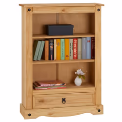 Bibliothèque SALSA étagère en bois style mexicain avec 2 tablettes et 1 tiroir en pin massif finition teintée/cirée