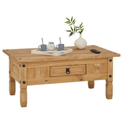 Table basse de salon SALSA rectangulaire en bois style mexicain avec 1 tiroir en pin massif finition teintée/cirée