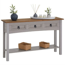 Table console RAMON table dappoint rectangulaire en pin massif gris et brun avec 3 tiroirs meuble dentrée style mexicain en bois