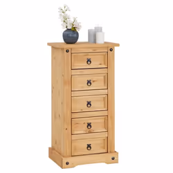 Chiffonnier SALSA commode en bois style mexicain avec 5 tiroirs en pin massif finition teintée/cirée