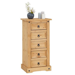 Chiffonnier SALSA commode en bois style mexicain avec 5 tiroirs en pin massif finition teintée/cirée
