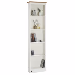 Bibliothèque CAMPO étagère en bois style mexicain avec 4 tablettes en pin massif lasuré blanc et brun