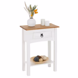 Table console CAMPO table dappoint en bois style mexicain avec 1 tiroir et 1 étagère en pin massif lasuré blanc et brun