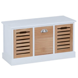 Banc de rangement TRIENT meuble bas coffre et 3 caisses de rangement en MDF et bois de paulownia blanc/naturel