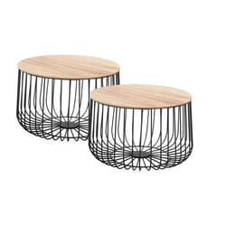 Lot de 2 tables dappoint PADOVA paniers en métal tables à café tables basses rondes bouts de canapé vintage décor bois naturel