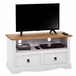Meuble TV CAMPO banc télévision en pin massif blanc et brun avec 2 tiroirs et 1 niche meuble de rangement style mexicain en b ...