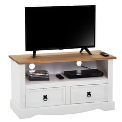 Meuble TV CAMPO banc télévision en pin massif blanc et brun avec 2 tiroirs et 1 niche meuble de rangement style mexicain en bois