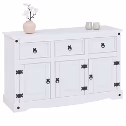 Buffet RURAL commode bahut vaisselier en pin massif blanc avec 3 tiroirs et 3 portes meuble de rangement style mexicain en bo ...