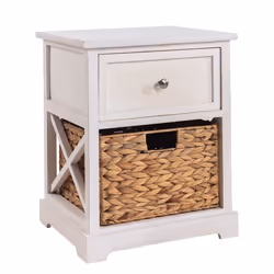 Table de chevet CHEYENNE petite commode de nuit avec 1 tiroir et 1 panier tressé en bois de paulownia blanc style maison de