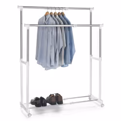 Portant à vêtements CASA en métal chromé et blanc penderie double sur roulettes avec 2 barres hauteur et longueur réglables