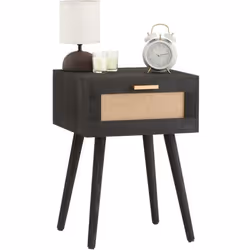 Table de chevet KIRAN 1 tiroir table de nuit design vintage en bois lasuré noir et lin