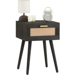 Table de chevet KIRAN 1 tiroir table de nuit design vintage en bois lasuré noir et lin