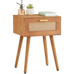 Table de chevet KIRAN 1 tiroir table de nuit design vintage en bois brun et lin