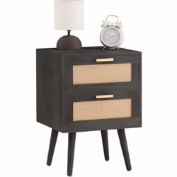 Table de chevet WAMAN petite commode de nuit avec 2 tiroirs en bois de paulownia lasuré noir et lin naturel style vintage