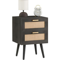 Table de chevet WAMAN petite commode de nuit avec 2 tiroirs en bois de paulownia lasuré noir et lin naturel style vintage