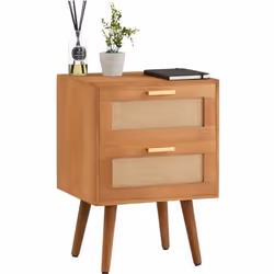 Table de chevet WAMAN petite commode de nuit avec 2 tiroirs en bois de paulownia lasuré brun et lin naturel style vintage