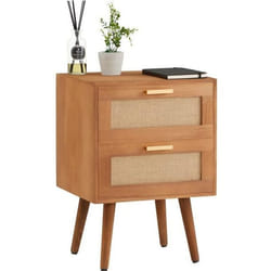 Table de chevet WAMAN petite commode de nuit avec 2 tiroirs en bois de paulownia lasuré brun et lin naturel style vintage