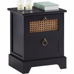 Table de chevet PADMA 2 tiroirs table de nuit design vintage en bois lasuré noir et rotin
