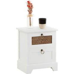 Table de chevet PADMA 2 tiroirs table de nuit design vintage en bois lasuré blanc et rotin