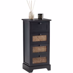 Chiffonnier JASMIN petite commode avec 4 tiroirs style vintage bohême en bois de paulownia lasuré noir et rotin