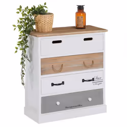 Commode SALVA étagère de rangement avec 4 tiroirs en bois de paulownia style shabby chic vintage rustique blanc brun gris