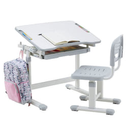 Ensemble bureau et chaise pour enfant TUTTO table et chaise réglable en hauteur pupitre inclinable métal blanc et plastique gris