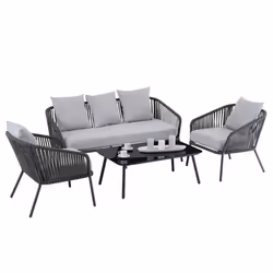 Salon de jardin BENGAL dextérieur 4 places noir et gris avec 1 table basse en verre 2 fauteuils et 1 canapé