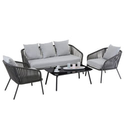 Salon de jardin BENGAL dextérieur 4 places noir et gris avec 1 table basse en verre 2 fauteuils et 1 canapé