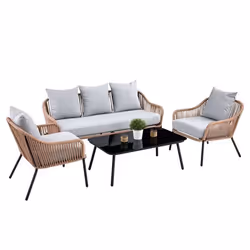 Salon de jardin BENGAL dextérieur 4 places brun et gris avec 1 table basse en verre 2 fauteuils et 1 canapé