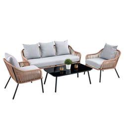 Salon de jardin BENGAL dextérieur 4 places brun et gris avec 1 table basse en verre 2 fauteuils et 1 canapé