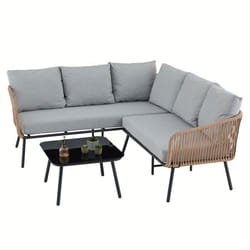 Salon de jardin JAKARTA dextérieur gris et brun 3/4 places avec 1 table basse en verre et 1 canapé avec coussins