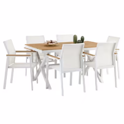 Ensemble table et chaises de jardin WINDY pour 6 personnes coloris blanc et naturel chaises empilables