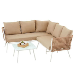 Salon de jardin JAKARTA 4 personnes coloris blanc et beige avec 1 table basse en verre et 1 canapé dextérieur