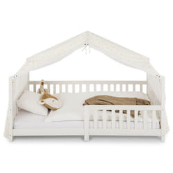 Rideau de lit LIAN en mousseline 100% coton 125 x 390 cm Pour lits cabanes enfants Tissu léger et doux Blanc étoilé