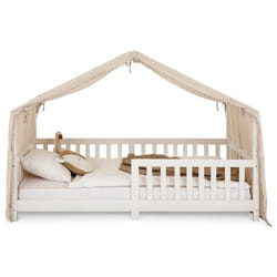 Rideau de lit LIAN avec pompons en mousseline 100% coton 125 x 390 cm Pour lits cabanes enfants Tissu léger et doux Beige