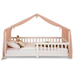 Rideau de lit LIAN avec pompons en mousseline 100% coton 125 x 390 cm Pour lits cabanes enfants Tissu léger et doux Rose