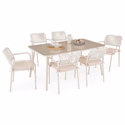 Ensemble table et 6 chaises de jardin VOLONTE beige pour 6 personnes plateau en verre trempé et structure en aluminium