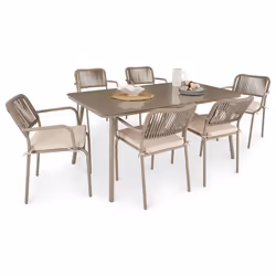 Ensemble table et 6 chaises de jardin VOLONTE coloris champagne pour 6 personnes plateau en verre trempé