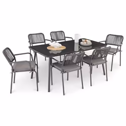 Ensemble table et 6 chaises de jardin VOLONTE gris pour 6 personnes plateau en verre trempé et structure en aluminium