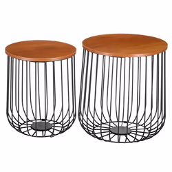 Lot de 2 tables dappoint ERRANO paniers en métal tables à café tables basses rondes bouts de canapé vintage décor chêne sauva ...