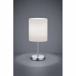 La lampe de table JERRY par Trio Lighting a une structure en métal chromé et un abat-jour en tissu blanc, interrupteur à fil  ...